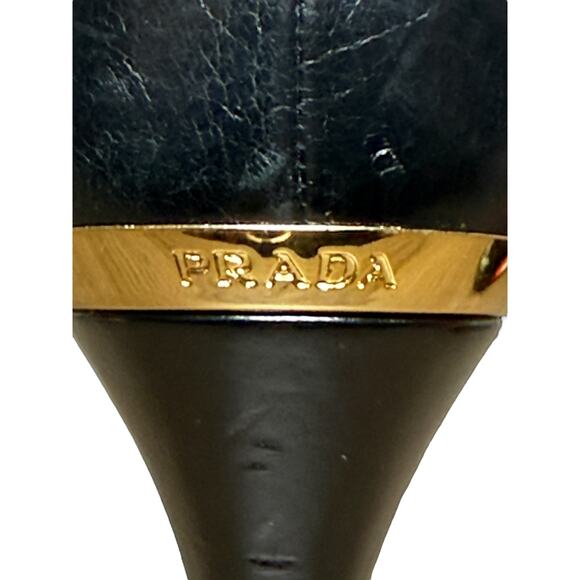 PRADA Peep Toe Heels Women 37.5 Black Leather Classic Luxury Vintage Pinup Logo - Picture 11 of 16